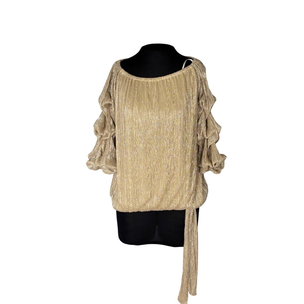 Gold Metallic Ruffle Sleeve Top With Side Tie Design By MSK - Womens Size L